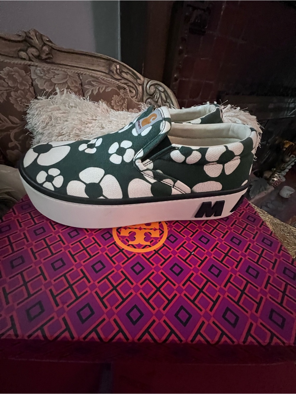 Marni Green and White Floral Platform Slip-On Sneakers